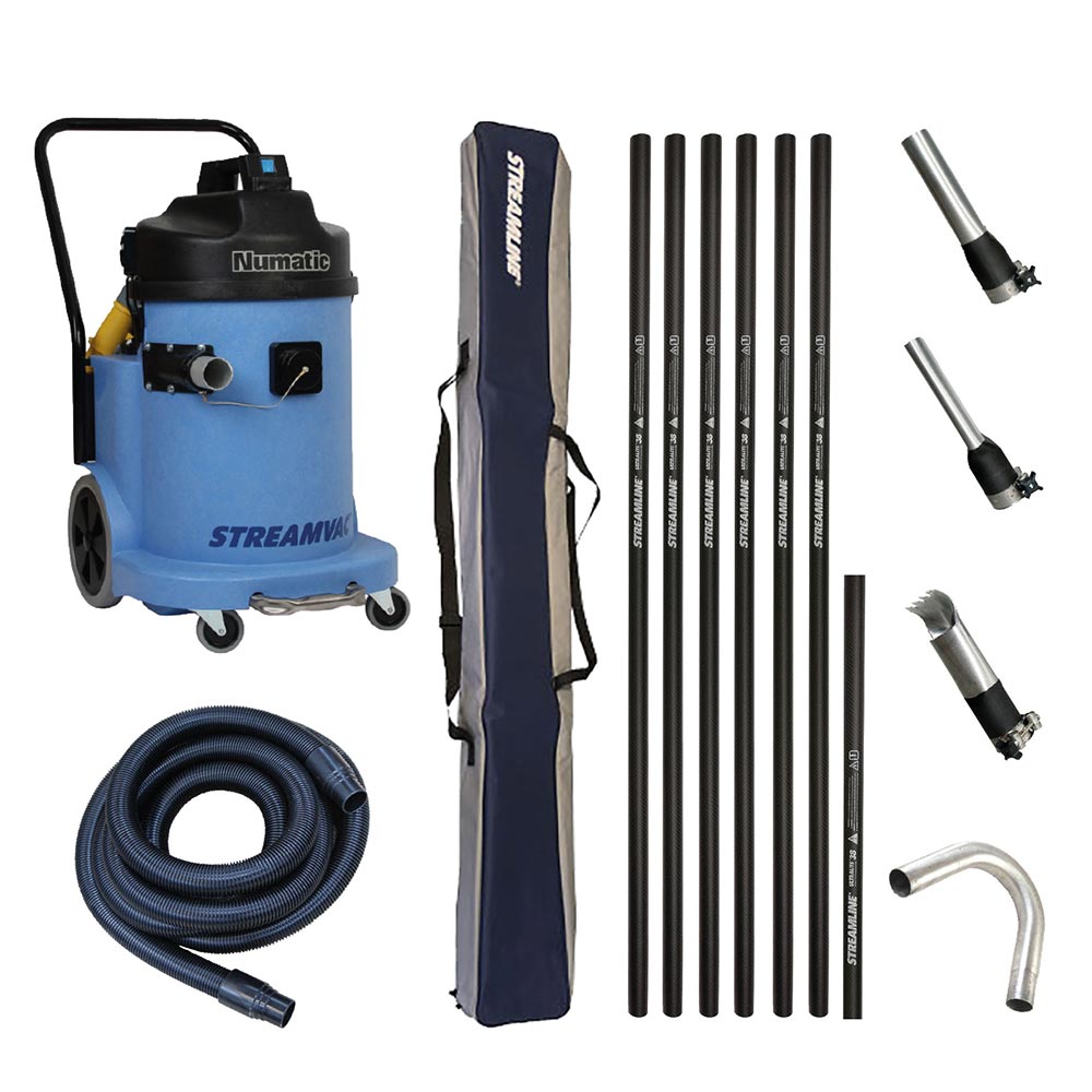 StreamVac™ Commercial Height Gutter Cleaning System Complete - 110v, 30-ltr drum, with 38ft Reach Ultra-Lite Modular Carbon Poles