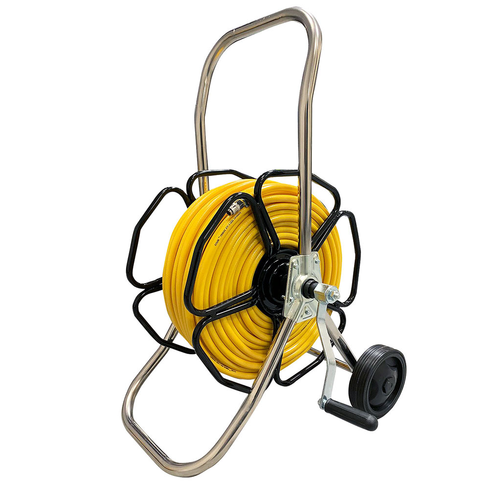 Stainless Steel Metal Wheeled Hose Reel c/w 100m of 6mm Streamline® Hose - assembled